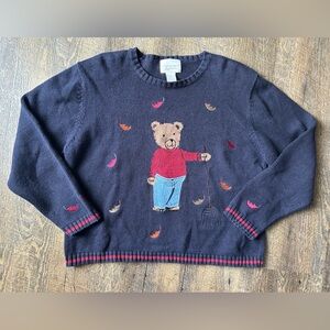 Christopher & Banks Sweater Women's Large Navy Blue Knit Teddy Bear Classic